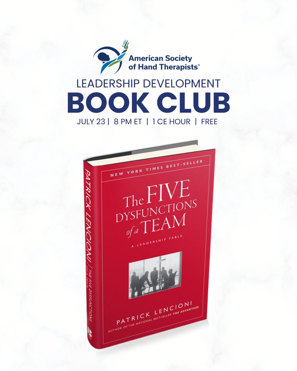 There's still time to join in on ASHT's FREE Leadership Development Committee book club session, focusing on 𝘛𝘩𝘦 𝘍𝘪𝘷𝘦 𝘋𝘺𝘴𝘧𝘶𝘯𝘤𝘵𝘪𝘰𝘯𝘴 𝘰𝘧 𝘢 𝘛𝘦𝘢𝘮 by Patrick Lencioni.

July 23 | 8 p.m. ET
SAVE YOUR SEAT 👉 ow.ly/4Zkv50W8uw5