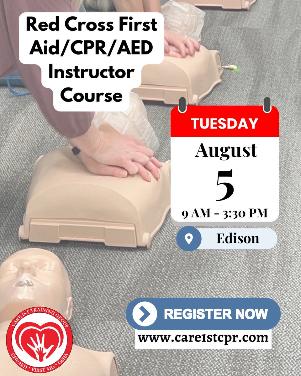Care1stCPR's tweet image. 🚨 Ready to lead &amp;amp; save lives? Join our Red Cross First Aid/CPR/AED Instructor Class on August 5th at 9 AM in Edison! 🩹📢 Limited seats—register now &amp;amp; become a certified instructor! 💪 #Care1stCPR #Care1stTrainingGroup #CPRInstructor #TrainToSave #RedCrossCertified