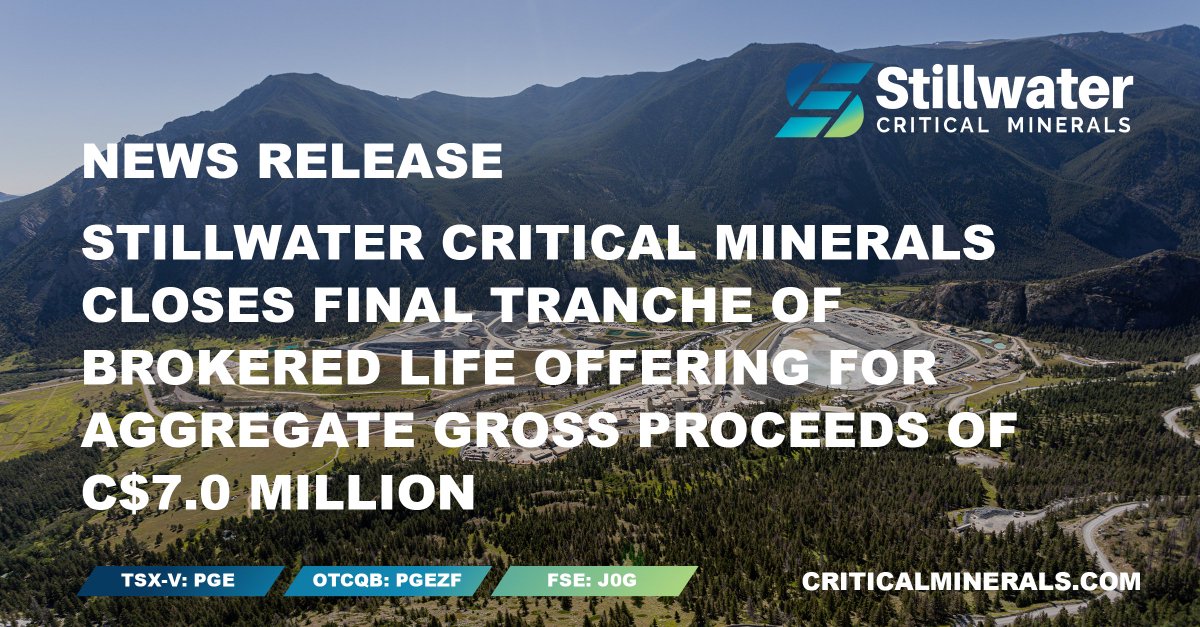 Stillwater_CM's tweet photo. #NewsRelease and big milestone! Stillwater Critical Minerals has officially closed the final tranche of its LIFE Offering and it’s largest financing to date - raising a total of C$7.0 million to advance exploration at its flagship Stillwater West critical minerals project in Montana, USA, and to support additional work at its Kluane critical minerals project in Yukon, Canada.

Funds from the offering will fuel Stillwater's 2025 summer drill program as we continue advancing the future of U.S. critical minerals supply of nickel, copper, cobalt, platinum, and palladium in the iconic Stillwater mining district.

Special thanks to @RedCloudSec and all those involved in making this financing a success.

@GlencoreCanada has also indicated its intent to exercise its pro-rata participation rights under its investor rights agreement - Glencore’s third investment in Stillwater! 

Read the official release on the Stillwater website: https://t.co/Wg9qp5OOnN

#StillwaterCriticalMinerals #StillwaterWest #Nickel #Copper #Cobalt #Platinum #Palladium #PGE #Montana #Mining #Kluane #Yukon #CriticalMinerals #Glencore $PGE $PGE.V $PGEZF