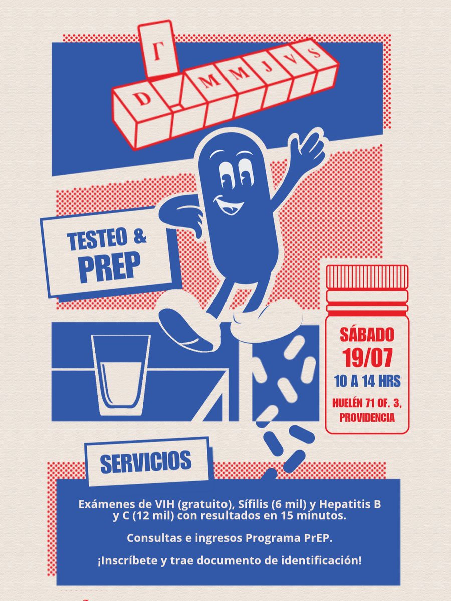 Sábado 19/07, de 10 a 14 hrs, Jornada de testeo #VIH y otras ITS, además de consultas e ingresos a Programa #PrEP a cargo de Fundación Chile Positivo <a href="/FChilePositivo/">ChilePositivo</a>