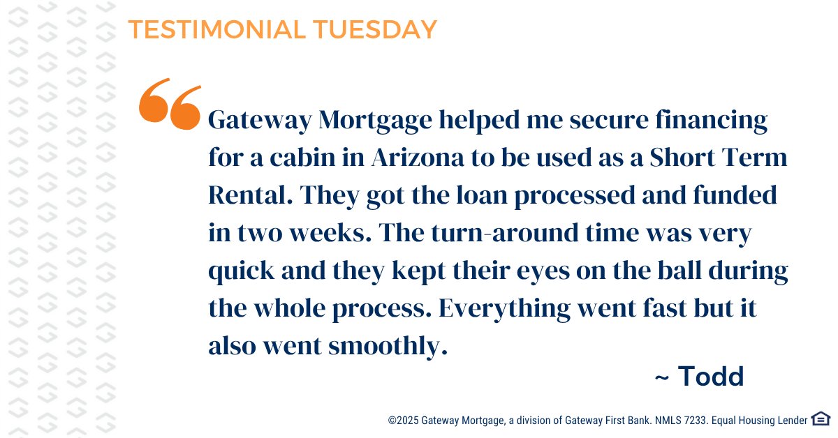 🏡 Just helped a client close on their Arizona short-term rental cabin in 2 weeks—fast and stress-free!

At Gateway Mortgage, we keep our eyes on the ball so you can focus on the view. 🌄

Learn more: gatewayfirst.com/mortgage

#TestimonialTuesday #MortgageMadeEasy #HomeLoan