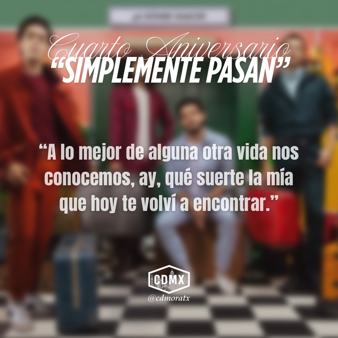 cdmoratx's tweet photo. 🎉 “Simplemente Pasan” cumple 4 años.
Una canción que nos enseñó que lo mejor no siempre se planea… simplemente pasa. ✨
Y que a veces, lo único que hace falta es decir:
“Que lo peor que puede pasar… es que nos gustemos.” ❤️‍🩹

 #simplementepasan #morat #moratbanda #moratfans https://t.co/zZKBGZYk5i