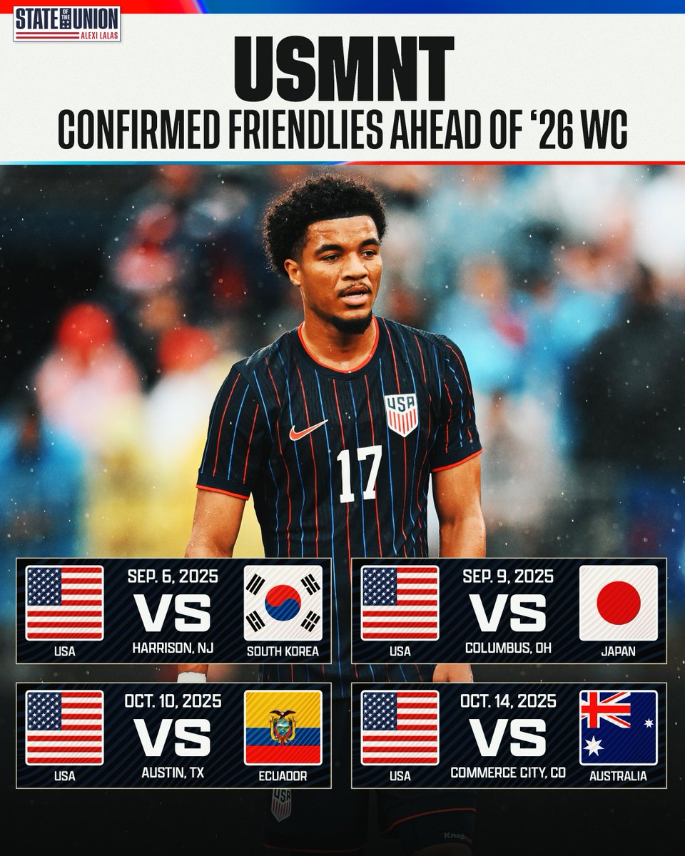 SOTUWithAlexi's tweet image. Some good tests for the USMNT heading into the 2026 FIFA World Cup 🇺🇸
Which matchup are you most looking forward to? 👀