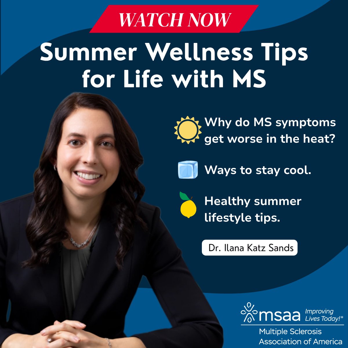 MSassociation's tweet image. Heat sensitivity can have a drastic effect on those living with #multiplesclerosis. 

Watch “Summer Wellness Tips for Life with MS” featuring Dr. Ilana Katz Sand now and learn practical tips for staying cool and managing symptoms in the heat!☀️
mymsaa.org/videos/summer-…