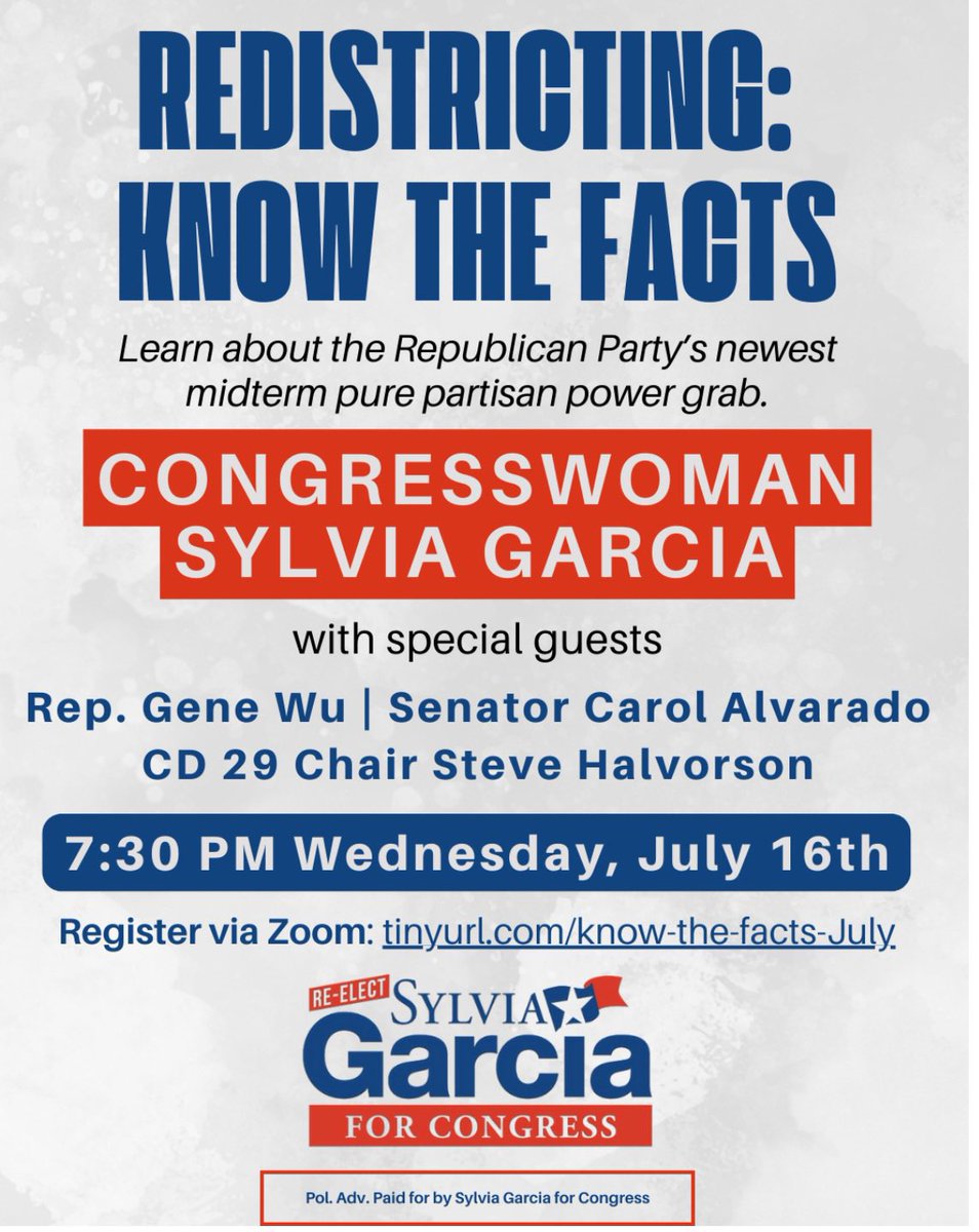 LaCongresista's tweet image. 🚨 Texas Republicans are coming for our district again.
Join Congresswoman Sylvia Garcia, Senator Carol Alvarado & Rep. Gene Wu to get the facts on their latest redistricting power grab.
📅 Wed, July 16
🕢 7:30 PM
🔗 Register: tinyurl.com/know-the-facts…