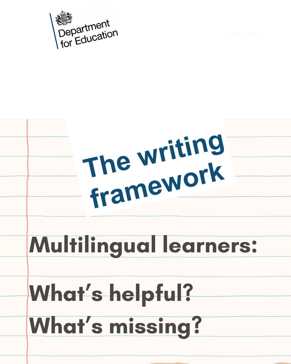 The DfE Writing Framework offers strong guidance on writing development.
20% of pupils are multilingual&amp;statements like: "Pupils’ grammar knowledge will be implicit from what they have learned as native speakers” risk overlooking the linguistic diversity in our classrooms. (1/3)