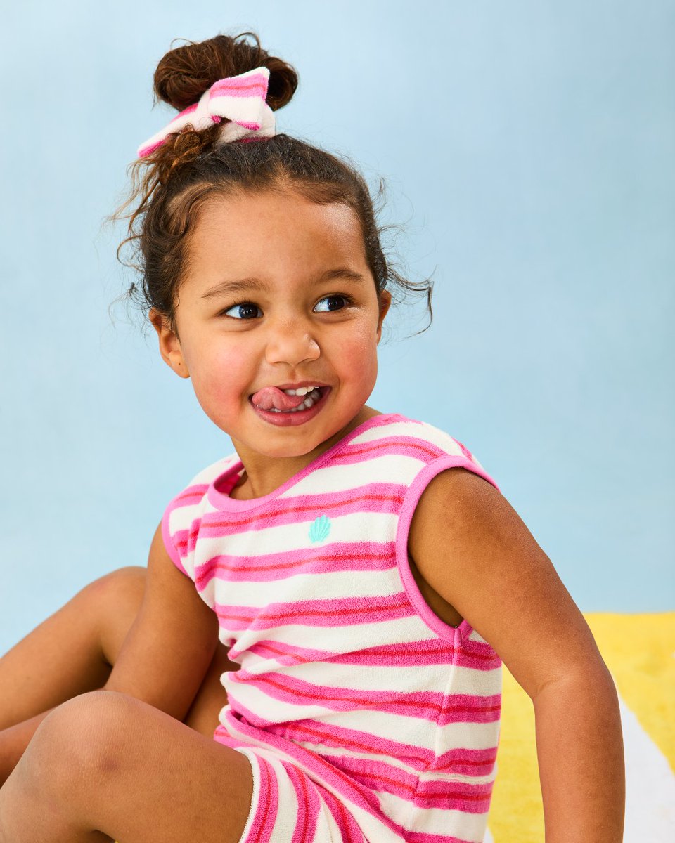 Sun, sand, and stripes! ☀️💗 Our Pink Stripe Towelling Sunsuit &amp; Scrunchie Set keeps your little one cool and comfy all summer long bit.ly/4jwV8yZ