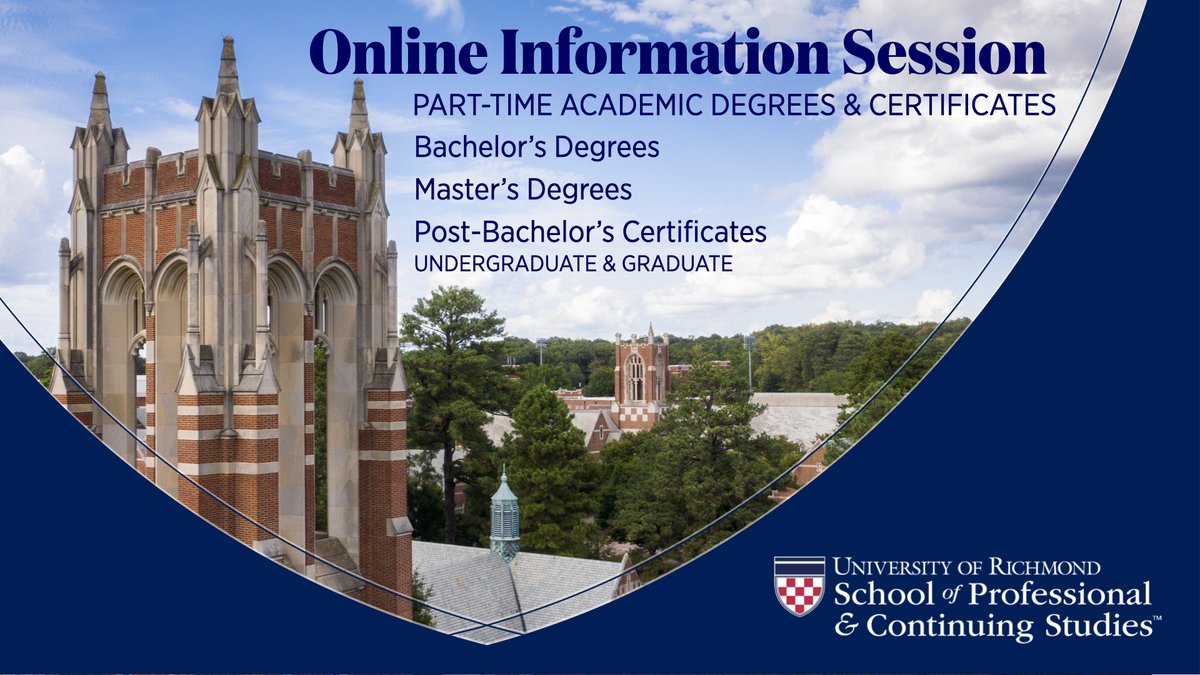 Professional & Continuing Studies - U Richmond (@urspcs) on Twitter photo Tomorrow at 12:15pm we're hosting our next lunchtime Online Information Session with information about our academic programs. Learn more about part-time bachelor's degree completion, master's degrees and academic certificates. Register: sl.richmond.edu/BZ #urspcs #urichmond Tomorrow at 12:15pm we're hosting our next lunchtime Online Information Session with information about our academic programs. Learn more about part-time bachelor's degree completion, master's degrees and academic certificates. Register: sl.richmond.edu/BZ #urspcs #urichmond