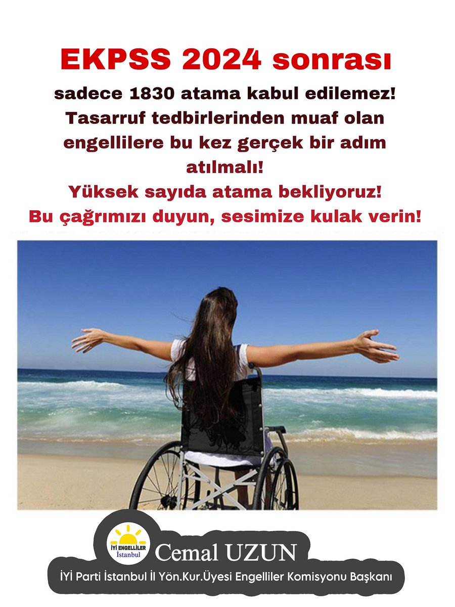 Cemaluzun44's tweet photo. EKPSS 2024 sonrası sadece 1830 atama kabul edilemez!
Tasarruf tedbirlerinden muaf olan engellilere bu kez gerçek bir adım atılmalı!
Yüksek sayıda atama bekliyoruz!
Bu çağrımızı duyun, sesimize kulak verin!
#EKPSS #EngelliAtama #EngellilerİçinAdalet https://t.co/EpHYymk3Qs