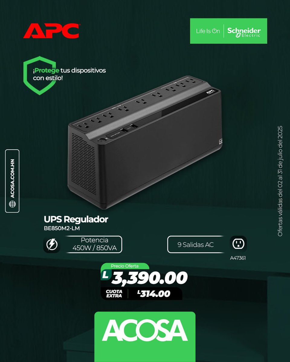 ACOSAHN's tweet photo. ⚡️¿Cortes de energía inesperados? ¿Picos de voltaje? ¡No pongas en riesgo tu equipo! Con #APC tienes la protección profesional que tu oficina o negocio necesita. Desde UPS hasta reguladores de voltaje, en #ACOSAHonduras encuentras soluciones confiables y accesibles. https://t.co/PyBNJwYdhL
