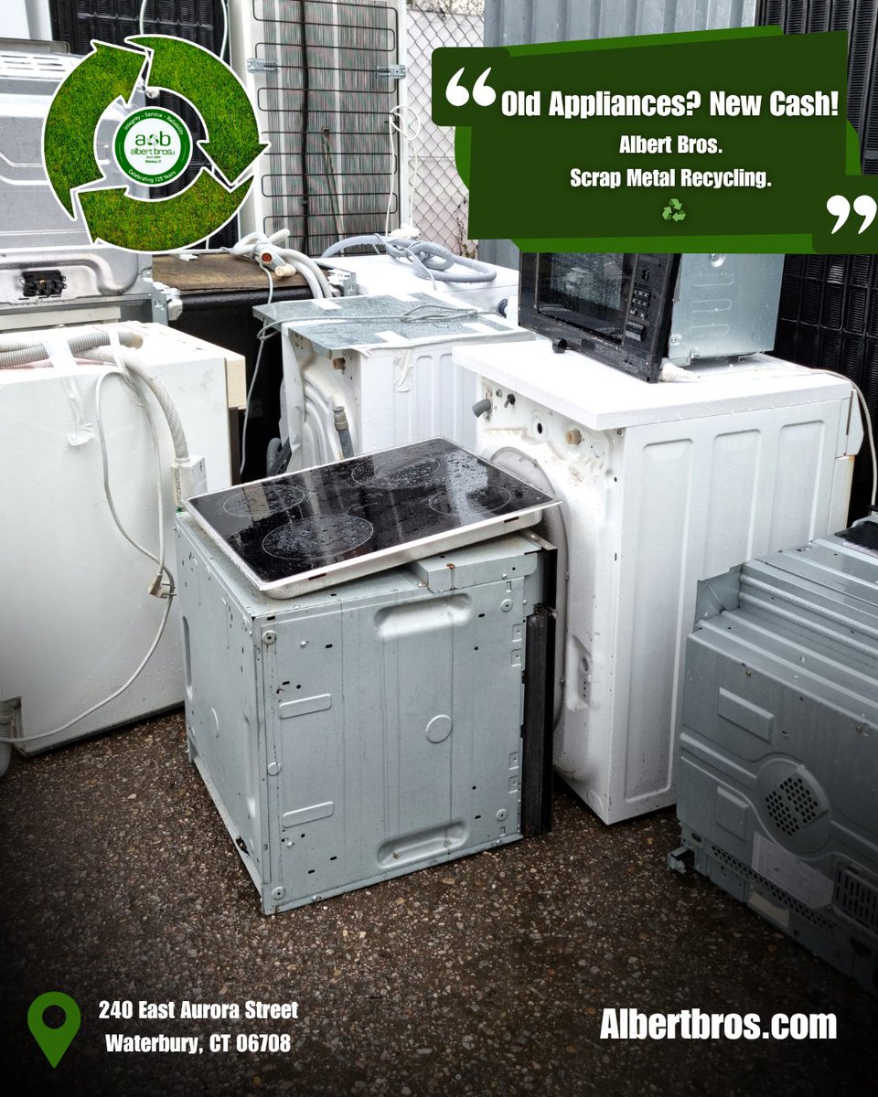 Turn your scrap into cash!
Old appliances are worth scrapping at Albertbros.com

 #ScrapMetal #RecycleAppliances #CashForScrap #MetalRecycling #WaterburyCT #EcoFriendly #ScrapYard #GreenBusiness #ApplianceRecycling