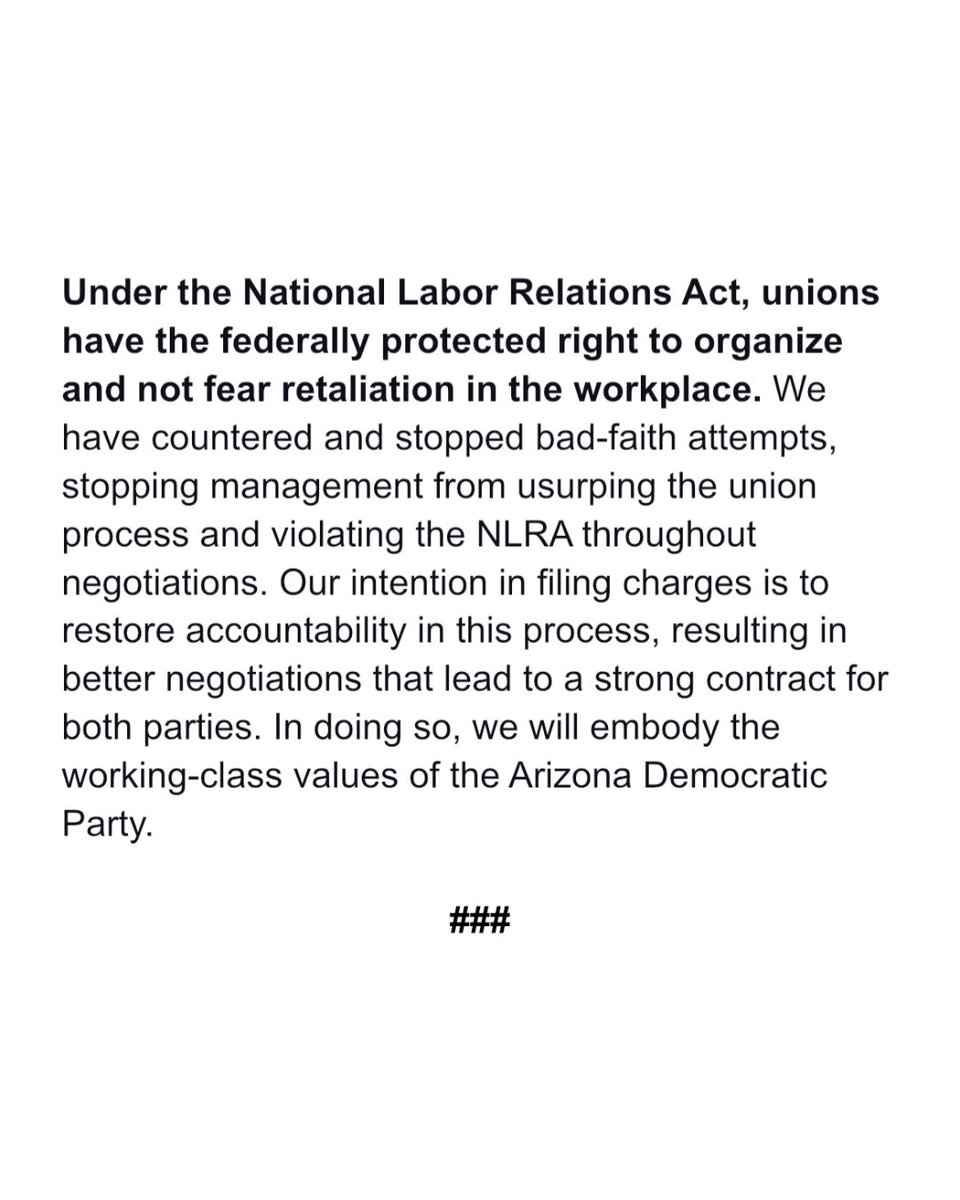 Campaign Workers Guild ๐ณ๏ธโ๐ (@cwg_workers) on Twitter photo We call on the <a href="/azdemparty/">Arizona Democratic Party</a> to meet workers at the bargaining table and cease all their anti-union activities. Together, we stand strong in solidarity with @azdphqunion #1u
Contact: press@campaignworkersguild.org We call on the <a href="/azdemparty/">Arizona Democratic Party</a> to meet workers at the bargaining table and cease all their anti-union activities. Together, we stand strong in solidarity with @azdphqunion #1u
Contact: press@campaignworkersguild.org