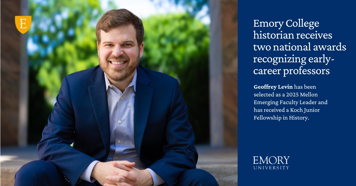 Emory historian Geoffrey Levin has been recognized for his research on the relationships among Arabs, Jews, &amp; the United States, earning him selection as a 2025 Mellon Emerging Faculty Leader as well as the Koch Junior Fellowship in History. 🔗 links.emory.edu/1e1