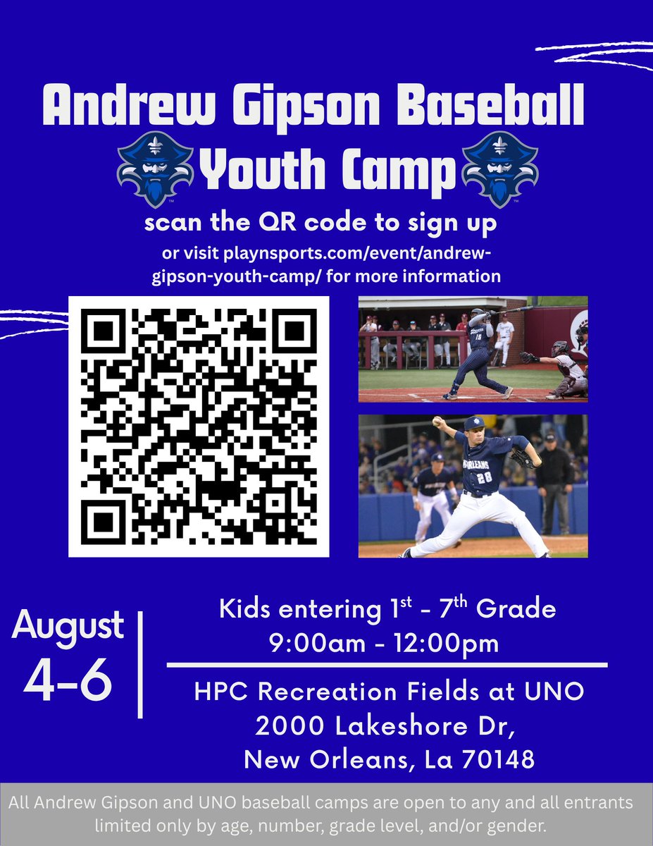 PrivateersBSB's tweet image. Two camps coming in August!
We have a youth camp Aug. 4-6 and a prospect camp on Aug. 16!
Scan the QR code or visit the link below to sign up!
playnsports.com/organization/u…
#NOLAsTeam ⚔️