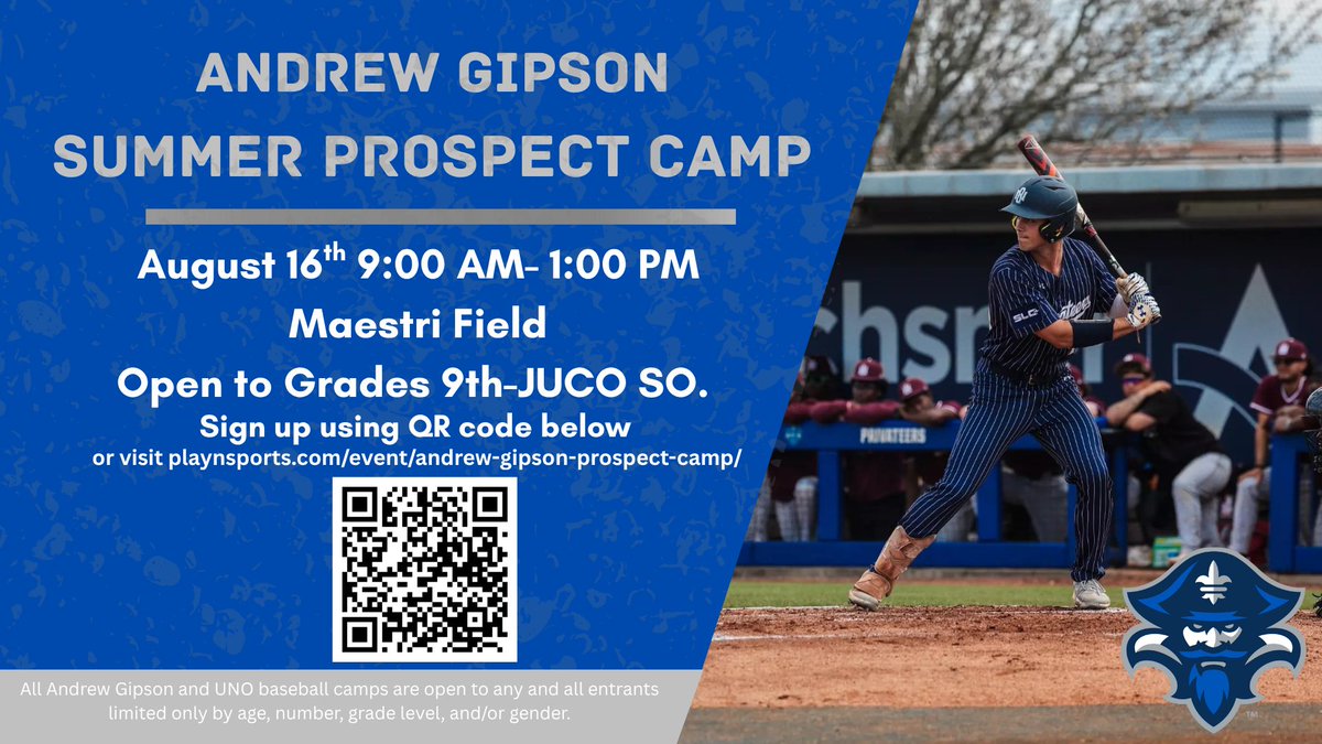 PrivateersBSB's tweet image. Two camps coming in August!
We have a youth camp Aug. 4-6 and a prospect camp on Aug. 16!
Scan the QR code or visit the link below to sign up!
playnsports.com/organization/u…
#NOLAsTeam ⚔️