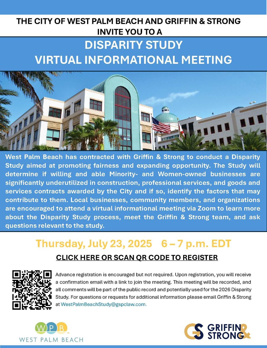 The City of West Palm Beach invites you to a Virtual Informational Meeting on the upcoming Disparity Study to help shape a more equitable business environment.

🗓️ Wednesday, July 23, 2025
🕕 6:00 PM (EDT)
💻 Online — Register here 
buff.ly/k5WvYac