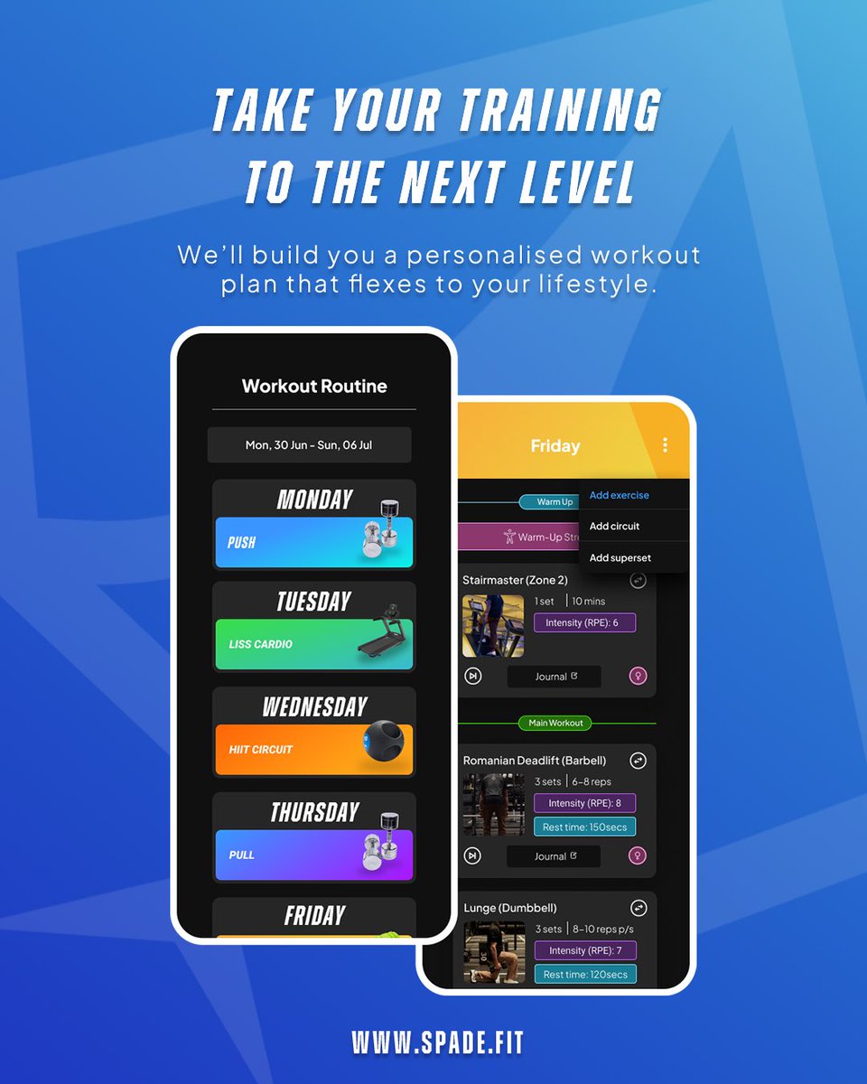 SpadeFit's tweet image. We’ll write your workout plan and update it every week based on how your body responds. 
 
OUT NOW!
 
 #SpadeFit #AppLaunch #HealthTech #FitnessApp #WorkoutProgram #PersonalTrainer #Adaptive