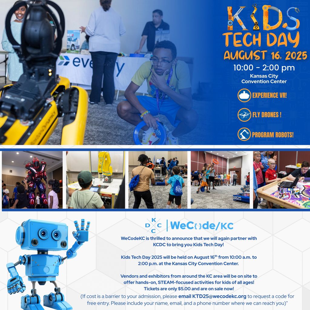 wecodekc's tweet image. Kids Tech Day is BACK!
📅 August 16, 2025 | 🕙 10:00 AM – 2:00 PM
📍 Kansas City Convention Center
🎟️ Tickets on sale now kidstechday.org — or email KTD25@wecodekc.org if cost is a barrier.
#KidsTechDay #WeCodeKC #STEMFun #Tech4Kids #KansasCityEvents