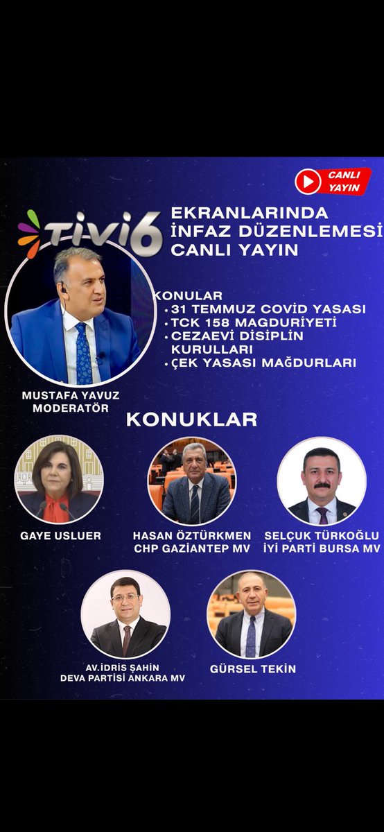 Ozge (@ob099_) on Twitter photo Sesi bastırılanlara kulak verme zamanı!
16 Temmuz |20.30
TV ekranlarında ilk kez: Mağdurlar konuşacak, vekiller dinleyecek.
Adalet isteyen herkes bu yayında!
<a href="/YS_Turkoglu/">Selçuk Türkoğlu</a> <a href="/gurseltekin34/">Gürsel Tekin</a> <a href="/avidrissahin/">Av. İdris Şahin</a> <a href="/tivi6medya/">Tivi6</a> <a href="/GayeUsluer/">Gaye Usluer 🇹🇷</a>
<a href="/mymustafayavuz/">Mustafa Yavuz 🇹🇷</a> <a href="/MuratAttepee/">MuratAttepe</a> <a href="/hasanozturkmen/">Hasan Öztürkmen</a> Sesi bastırılanlara kulak verme zamanı!
16 Temmuz |20.30
TV ekranlarında ilk kez: Mağdurlar konuşacak, vekiller dinleyecek.
Adalet isteyen herkes bu yayında!
<a href="/YS_Turkoglu/">Selçuk Türkoğlu</a> <a href="/gurseltekin34/">Gürsel Tekin</a> <a href="/avidrissahin/">Av. İdris Şahin</a> <a href="/tivi6medya/">Tivi6</a> <a href="/GayeUsluer/">Gaye Usluer 🇹🇷</a>
<a href="/mymustafayavuz/">Mustafa Yavuz 🇹🇷</a> <a href="/MuratAttepee/">MuratAttepe</a> <a href="/hasanozturkmen/">Hasan Öztürkmen</a>