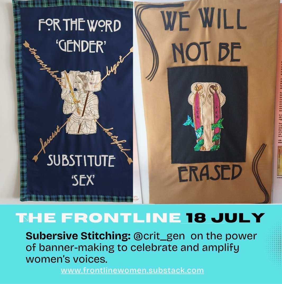 The Women Who Wouldn't Wheesht (@ethelwrites) on Twitter photo Also in Issue 4 of The Frontline this Friday, textile artist <a href="/crit_gen/">Mr Ben- Bannerist</a> on making banners and material reality.
"As the fight for sex-based rights got uglier, more violent and more poisonous, I retreated to the beauty of what I was creating." Also in Issue 4 of The Frontline this Friday, textile artist <a href="/crit_gen/">Mr Ben- Bannerist</a> on making banners and material reality.
"As the fight for sex-based rights got uglier, more violent and more poisonous, I retreated to the beauty of what I was creating."