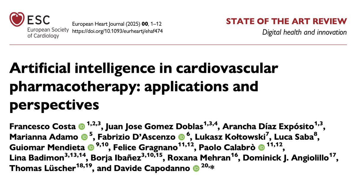 Artificial intelligence (AI) has emerging applications in cardiovascular pharmacotherapy, including treatment selection, prediction of outcomes, and trial optimization. Our manuscript reviews current AI uses in therapy, trials, and drug discovery.
academic.oup.com/eurheartj/adva…
