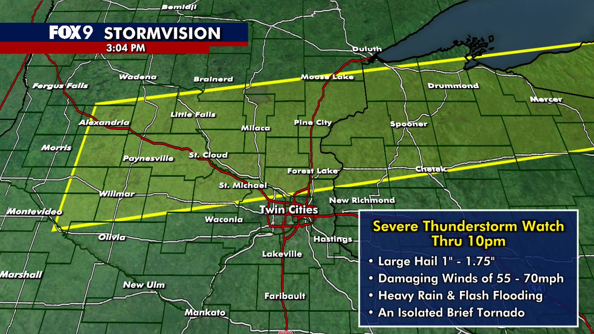 CodyMatzFox9's tweet image. A Severe Thunderstorm Watch has been issued thru 10pm for areas in the northern Twin Cities metro northward...including many areas from Alexandria to St Cloud to Duluth. Gusty winds & flash flooding will be the main threats, but large hail & an isolated tornado cant be ruled out