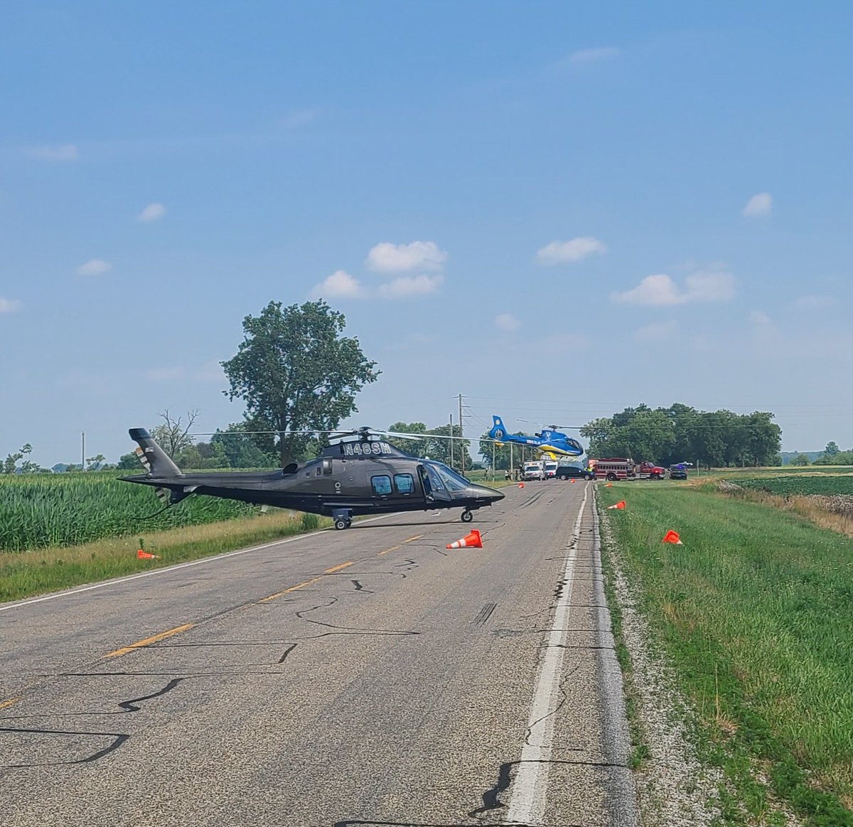 wapp56's tweet image. 2 of the 3 choppers we landed on scene today for a car accident. I was on patient care for over 30 minutes on the side of the road waiting for additional EMS resources. Both patients I cared for flew. Both very pregnant. Never know what the day has for you!