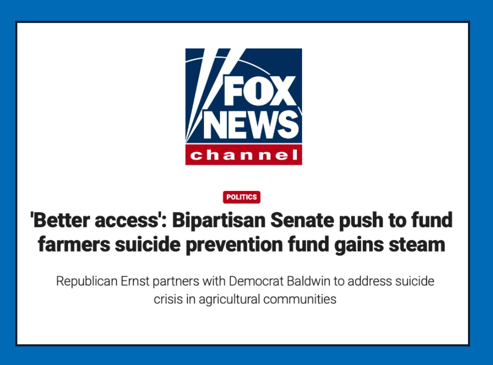 SenatorBaldwin's tweet image. Farmers’ suicide rate is 3.5x higher than everyone else, and we have to treat it like the crisis it is. Proud to partner with @SenJoniErnst to put lifesaving support within reach for rural Wisconsinites. Let’s pass it.