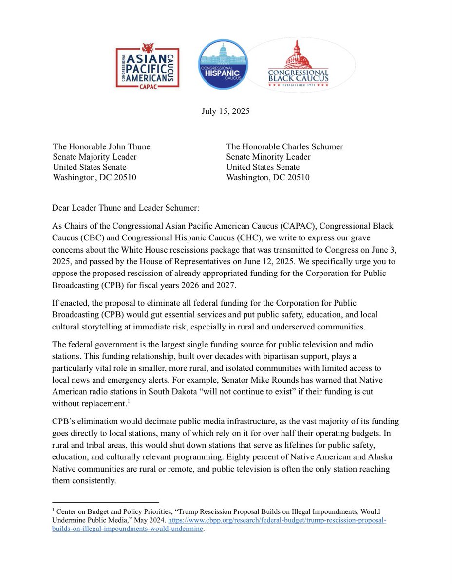 CAPAC's tweet image. Remember Mr. Rogers? Sesame Street? These educational shows are only made possible thanks to funding for public broadcasting.
Chair @RepGraceMeng and her Tri-Caucus colleagues are urging Senate leadership to protect this funding from cuts proposed by the Trump administration.