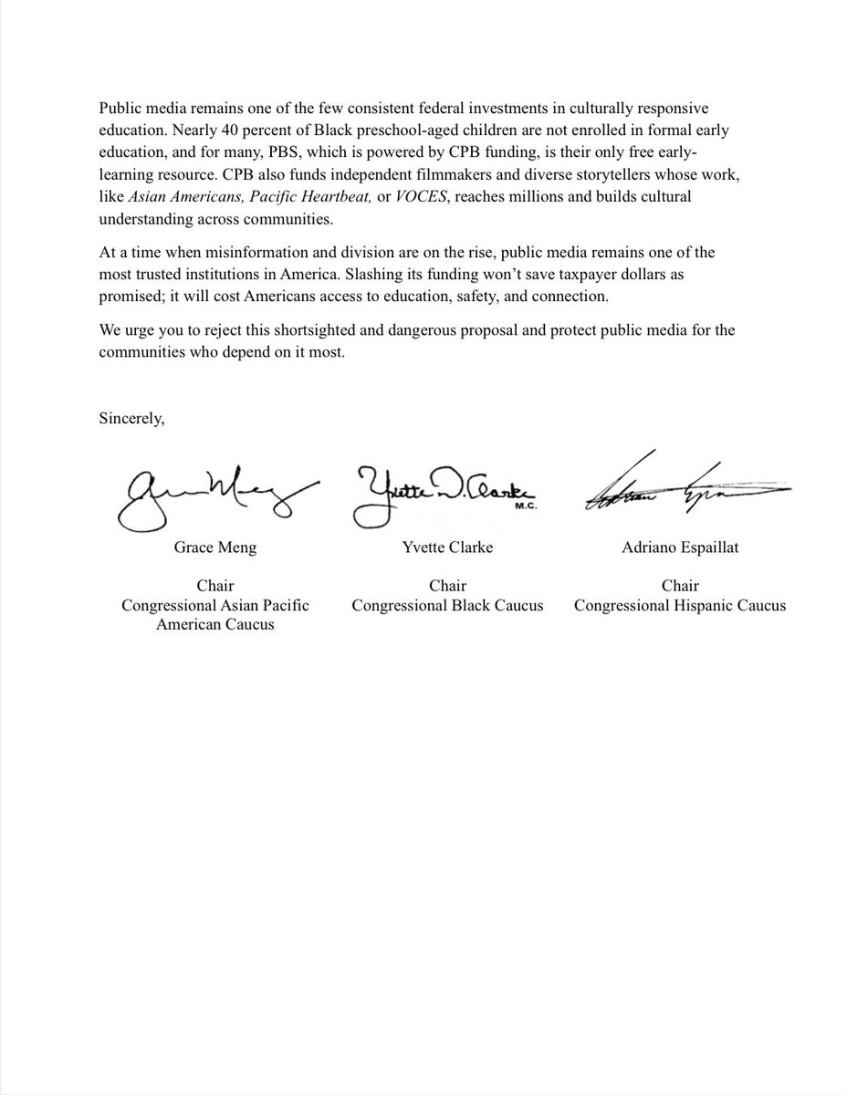 CAPAC's tweet image. Remember Mr. Rogers? Sesame Street? These educational shows are only made possible thanks to funding for public broadcasting.
Chair @RepGraceMeng and her Tri-Caucus colleagues are urging Senate leadership to protect this funding from cuts proposed by the Trump administration.
