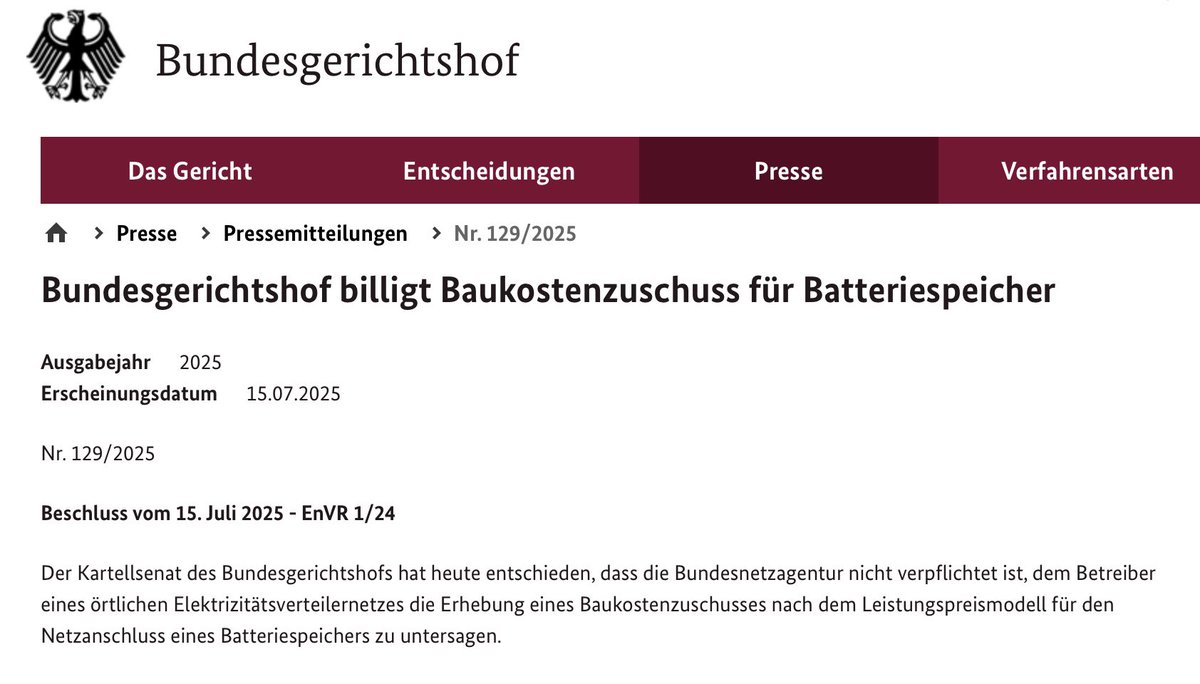 Klaus_Mueller's tweet image. Ein lesenswertes @BGH_Bund Urteil zu finanziellen Lenkungsanreizen für #Batteriespeicher. Für Befürworter von #Flexibilität & #Kosteneffizienz in der #Energiewende ist das ein guter Tag. Im Rahmen von #AgNes wird die @BNetzA eine gute Regelung finden.
bundesgerichtshof.de/SharedDocs/Pre…