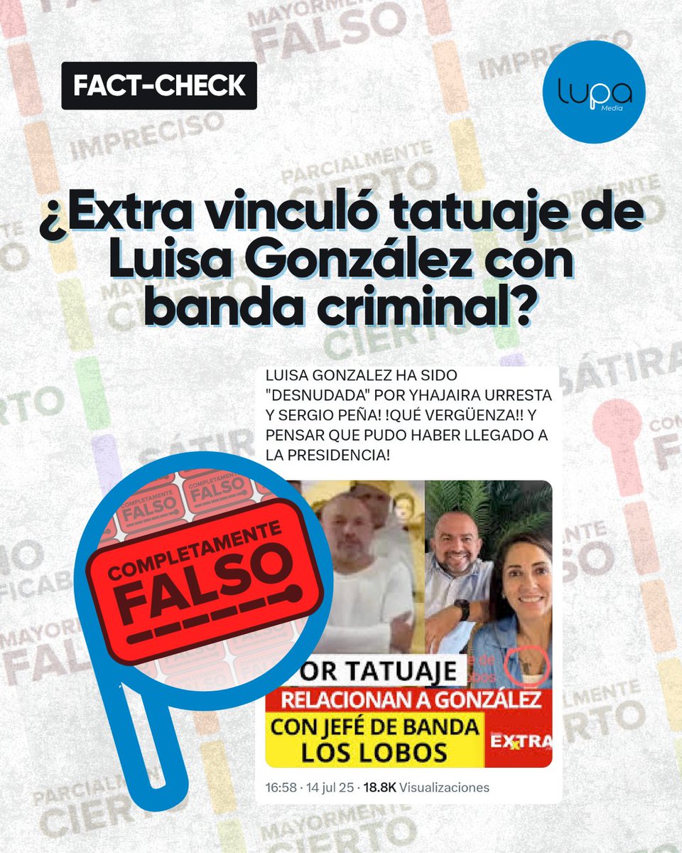 🔍 #FactCheckLupa | ❌ FALSO: Diario Extra no publicó portada sobre el tatuaje de Luisa González ni lo vinculó con ‘Los Lobos’.

🤔¿Cómo lo sabemos?

📰 Una imagen viral suplanta la identidad de Diario Extra para difundir desinformación.
👤 No encontramos evidencia de que el