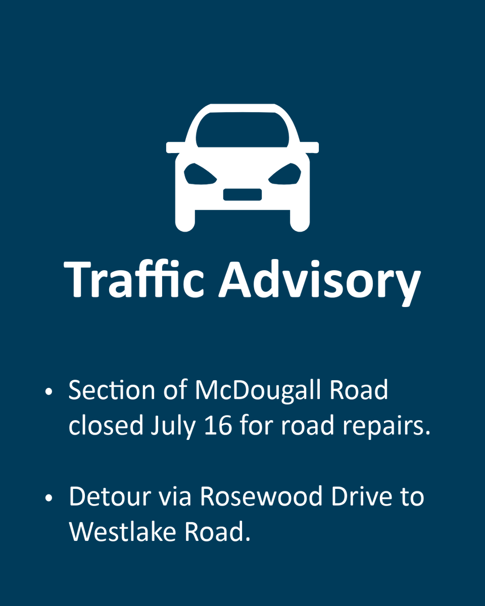 🚧 Road closure notice – McDougall Rd

On July 16, a section of McDougall Rd (from 2170 McDougall to Stevens Rds) will be closed to traffic from 8:30 am - 2:30 pm while AEL completes important road repairs.

Read the full traffic advisory: bit.ly/44AJv5e