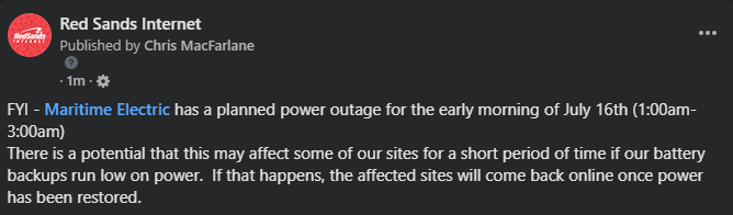 redsandspei's tweet photo. FYI - Maritime Electric has a planned power outage for the early morning of July 16th (1:00am-3:00am)

https://t.co/T5j0nvjFtm https://t.co/ASY6Oo82dS