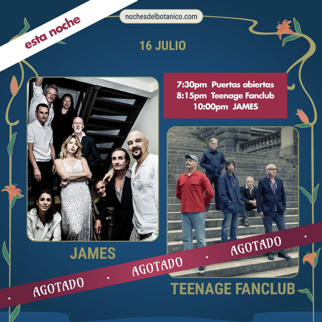 wearejames's tweet image. 🇪🇸 James are onstage tonight in Madrid at @nochesbotanico at 10pm, with Teenage Fanclub onstage at 8:15pm. Gates open at 7:30pm. This show is sold out NBL x