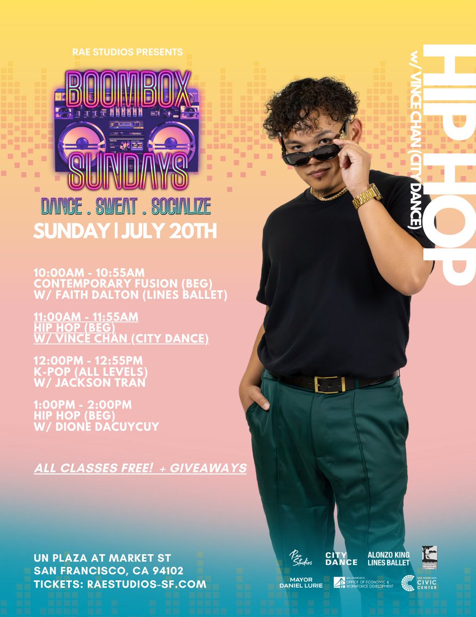 CivicCenter (@civiccenter) on Twitter photo This Sunday, July 20th, Boombox Sundays at UN Plaza!
This outdoor event is completely FREE to the public and welcomes all backgrounds and levels of dance. RSVP in advance to reserve your spot!
RSVP here: eventbrite.com/e/boombox-sund…
Thank you to sponsors <a href="/sfoewd/">SFOEWD</a> & Mayor <a href="/DanielLurie/">Daniel Lurie 丹尼爾·羅偉</a>. This Sunday, July 20th, Boombox Sundays at UN Plaza!
This outdoor event is completely FREE to the public and welcomes all backgrounds and levels of dance. RSVP in advance to reserve your spot!
RSVP here: eventbrite.com/e/boombox-sund…
Thank you to sponsors <a href="/sfoewd/">SFOEWD</a> & Mayor <a href="/DanielLurie/">Daniel Lurie 丹尼爾·羅偉</a>.