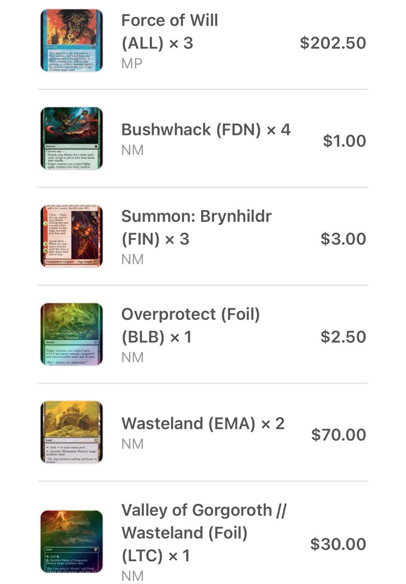 Big mail day coming for Legacy! Cleared out all my store credit but only missing a couple cards. Somehow will have a nearly full deck but proxied mishra baubles as everyone was out of stock lol
Hope these MP forces are decent