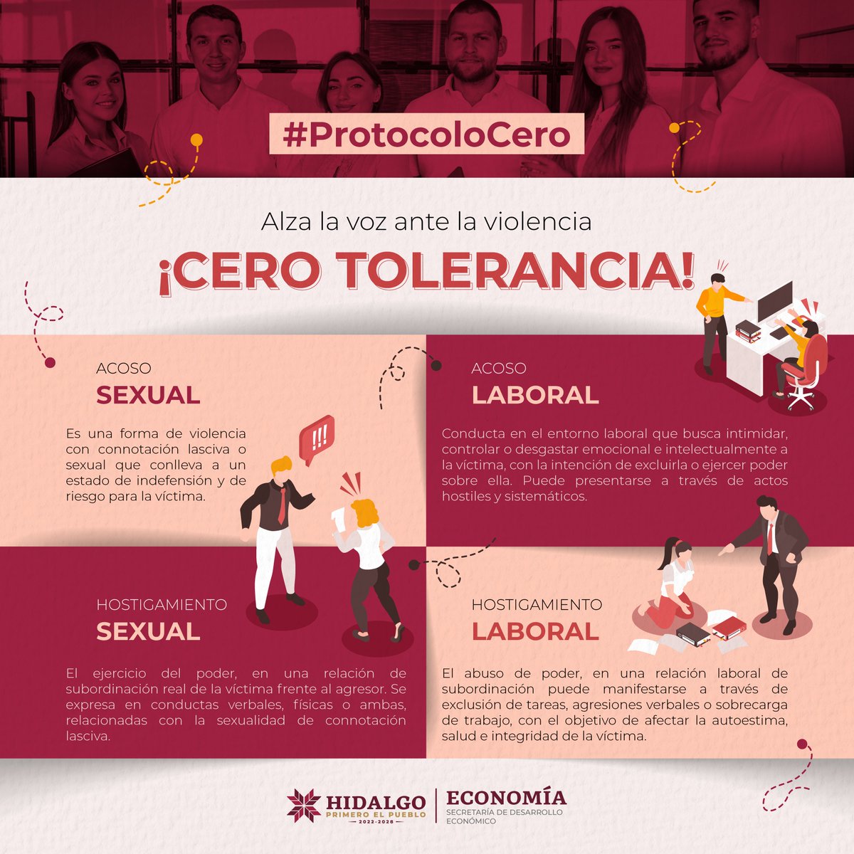 Con la implementación del #ProtocoloCero, trabajamos para garantizar espacios seguros, libres de acoso y hostigamiento sexual o laboral.
Promovamos juntos una cultura de respeto y prevención.
¡Alza la voz! No te calles ante una situación de violencia. 
#ElHidalgoQueQueremos
