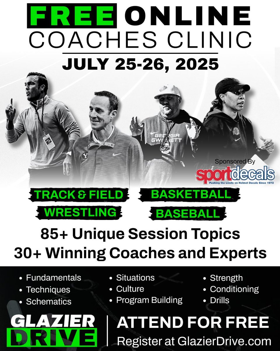 CoachComm's tweet image. 📣 Coaches! 📣 Turn to @GlazierClinics for the skills you need to win! Attend Glazier&apos;s FREE Online Multisport Clinic July 25th and 26th and master the fundamentals.

Sign up for free: bit.ly/4eNw9Ww