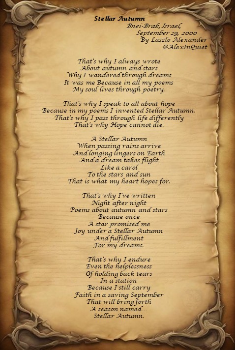 AlexInQuiet's tweet photo. "Stellar Autumn", 
Bnei-Brak, Israel,
September 29, 2000
By Laszlo Alexander / @AlexInQuiet 
#StellarAutumn #PoetryOfHope #InkAndSoul  #PoetryOfHope #InkAndSoul #AutumnDreams  #FromStationToStars #ManuscriptMagic #PoeticJourney #InkOnPaper #FaithAndVerse https://t.co/ZcjmPuEmwr