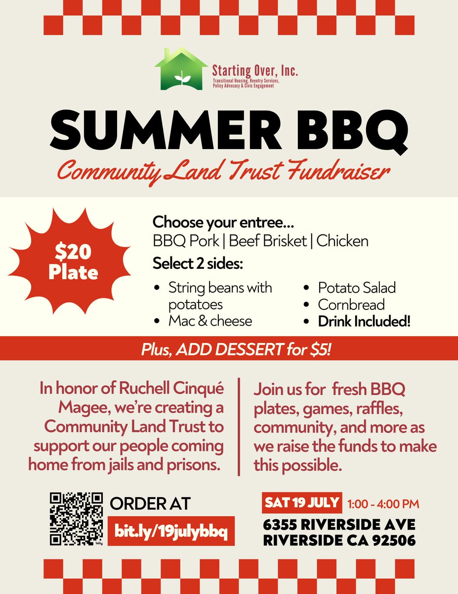 Our SUMMER BBQ SERIES is starting this Saturday!! Come get fresh hot BBQ plates and be in community with us as we raise funds to support the Ruchell Cinqué Magee Community Land Trust. Pre-Order at bit.ly/july19bbq