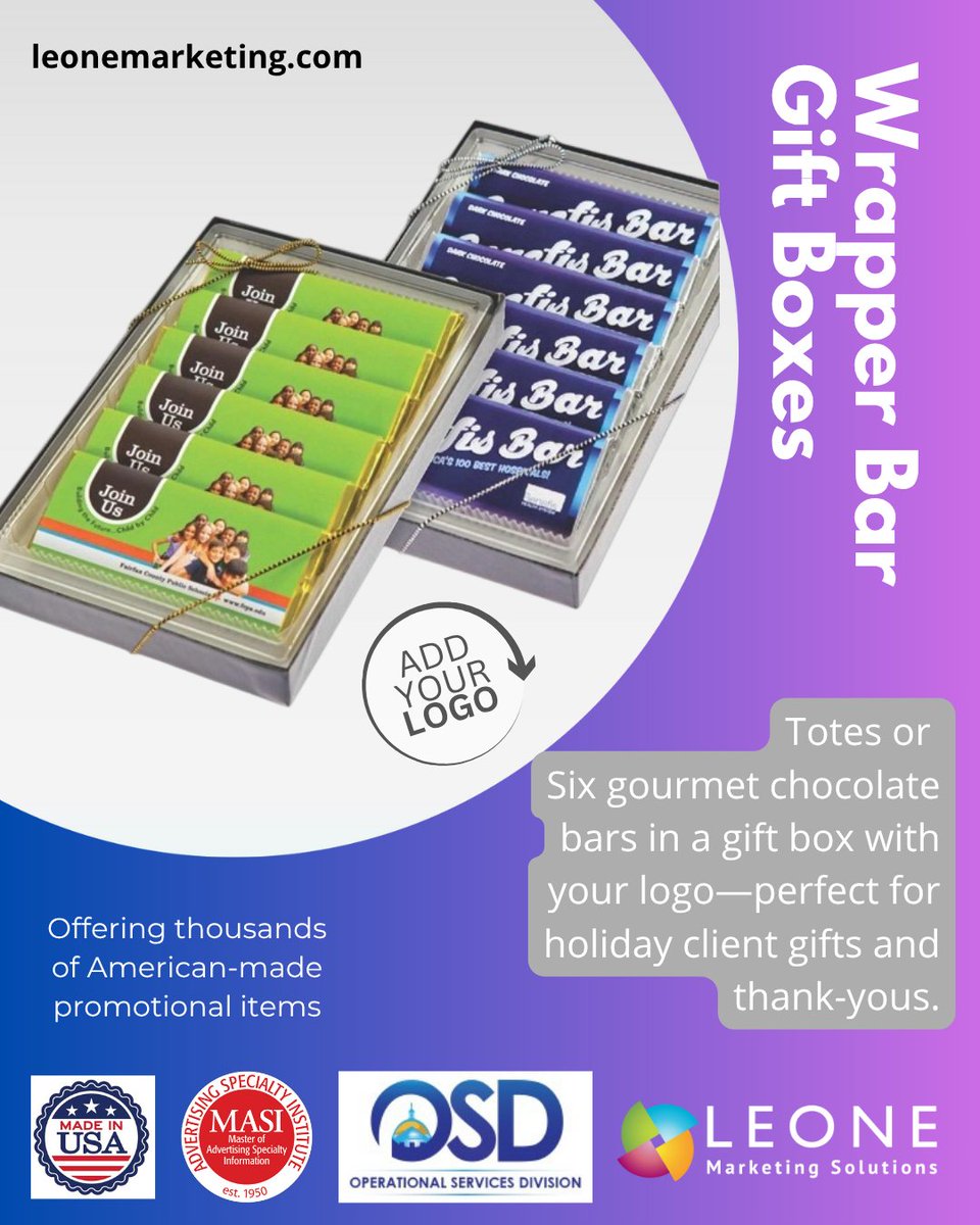 Delight clients with gourmet chocolate gift boxes! Six premium bars with custom wrappers to showcase your brand sweetly. Order yours today!
🍫 Order here: bit.ly/4l63b6F

#CorporateGifts #ClientGifting #BrandedChocolate #PromoProducts #SweetBranding