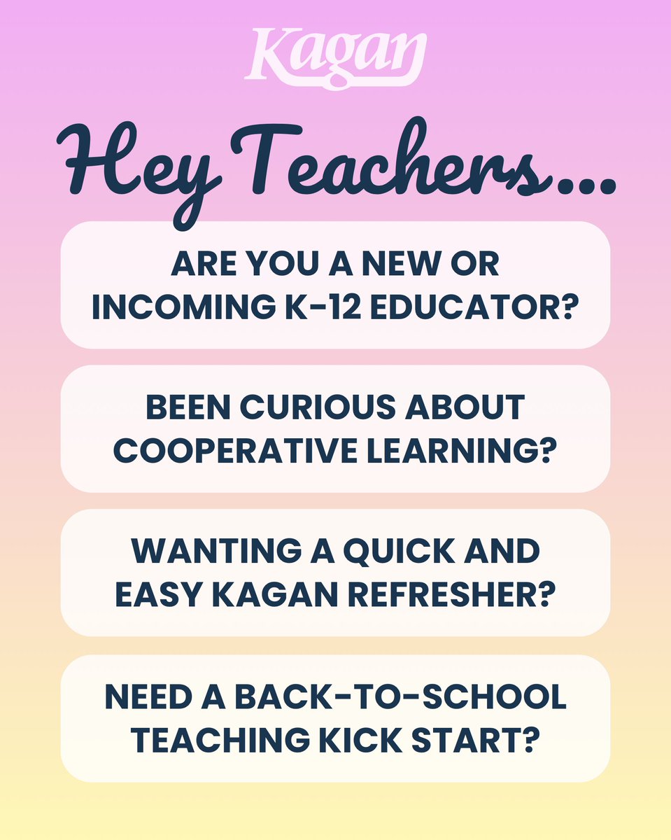 KaganOnline's tweet photo. New school year, fresh start 🙌

Join us in a Kagan Live Online workshop and leave with ready-to-use strategies that work!

Register now: https://t.co/lTXKGbFc05

#kagan#backtoschool#kaganstructures#cooperativelearning #teacherPD #virtualpd #teachertraining #studentengagement https://t.co/Kr42U8wck6