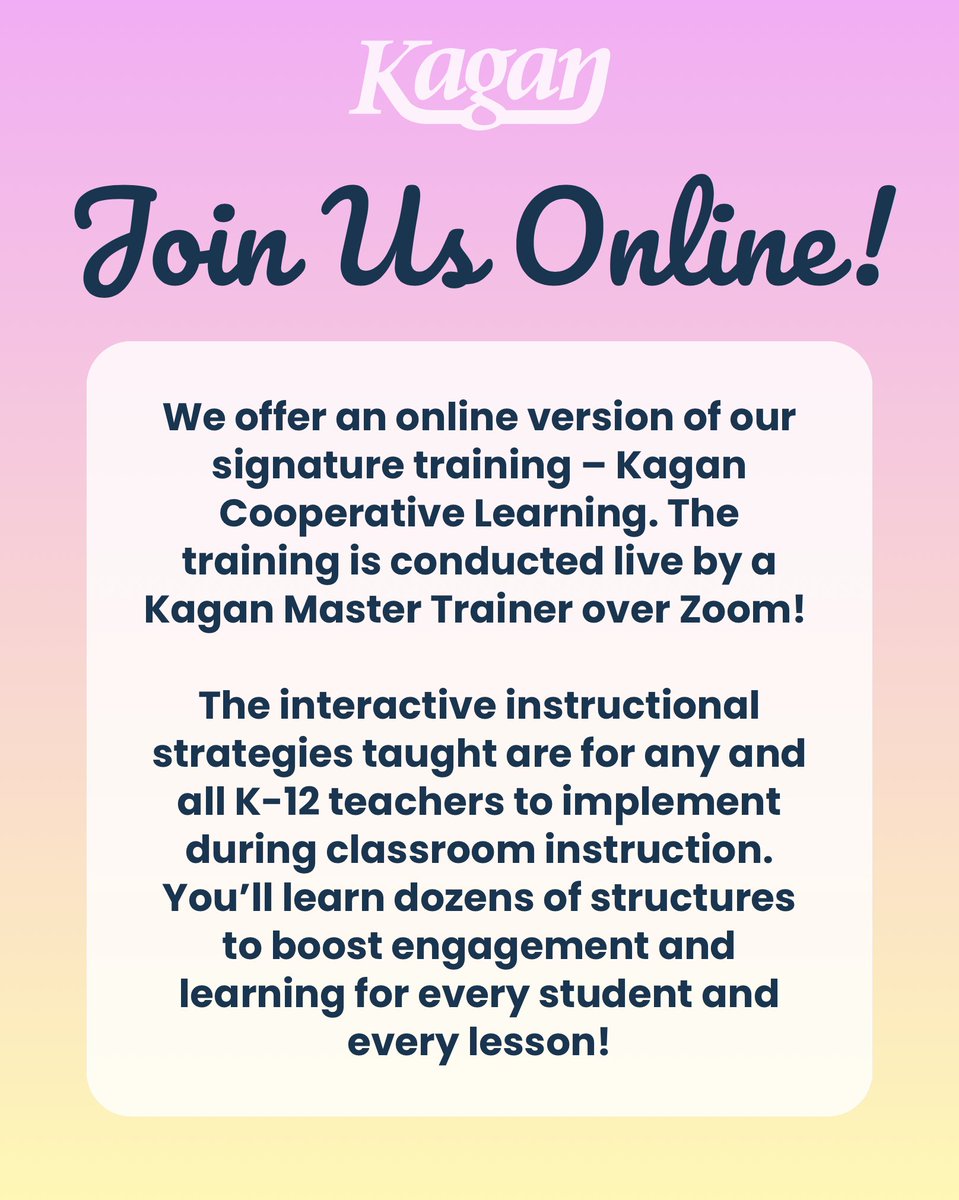 KaganOnline's tweet photo. New school year, fresh start 🙌

Join us in a Kagan Live Online workshop and leave with ready-to-use strategies that work!

Register now: https://t.co/lTXKGbFc05

#kagan#backtoschool#kaganstructures#cooperativelearning #teacherPD #virtualpd #teachertraining #studentengagement https://t.co/Kr42U8wck6