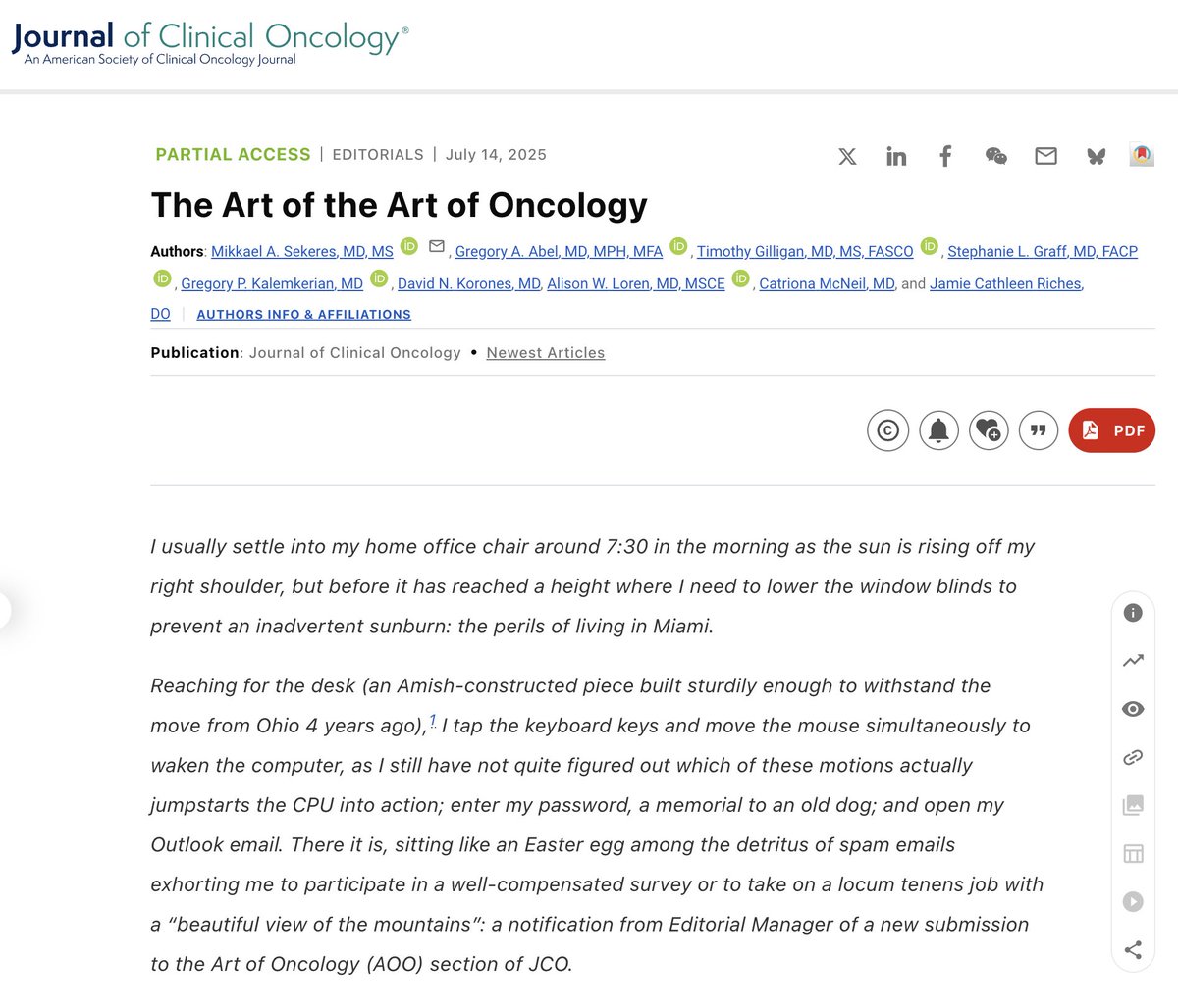 MikkaelSekeres's tweet image. Hot off the presses! Tips from the editorial board @JCO_ASCO @ASCO on what we're looking for in narrative medicine or poetry pieces for the Journal of Clinical Oncology! The Art of the Art of Oncology | @DrSGraff @SylvesterCancer @UMiamiHealth ascopubs.org/doi/10.1200/JC…