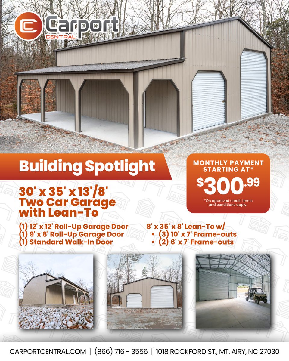 Function Meets Flexibility

This two-car garage with lean-to offers the perfect mix of enclosed storage and open-air coverage - ideal for parking, projects, or extra space tailored to your needs.

#BuildingSpotlight #MetalGarage #StorageSolutions  #CarportCentral