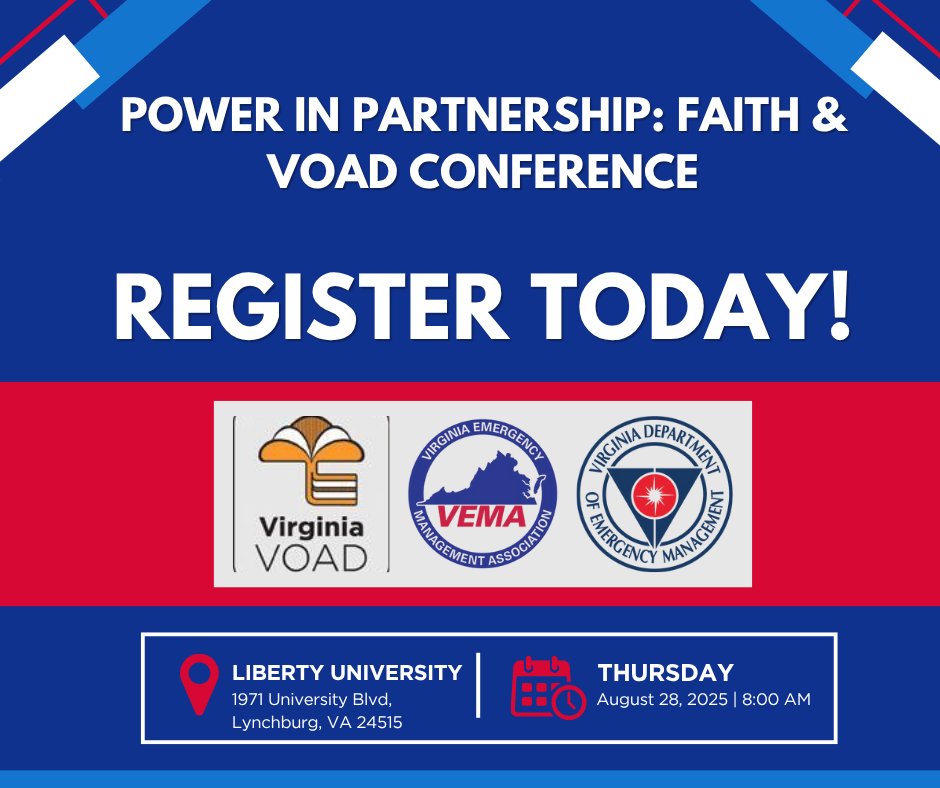 📣 You're invited! Join us Aug. 28 at Liberty University for Power in Partnership: Faith &amp; VOAD Conference - a statewide event to strengthen disaster response in VA. Featuring keynote Maggie Feinstein &amp; Tree of Life survivors. #VEMA #VOAD 
🔗 Register: bit.ly/2025Faith-VOAD