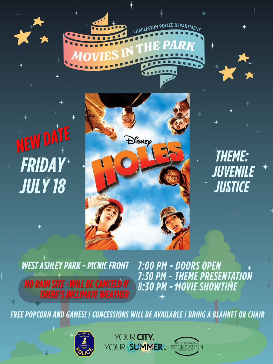 🎥 NEW DATE ANNOUNCED! 🚨

Our next “Movies in the Park” showing is now happening Friday, July 18!

📍West Ashley Park
⏰ Doors open at 7:00 pm, Movie starts at 8:30 pm

🍿 We hope to see you there!

#chsnews #CharlestonPD