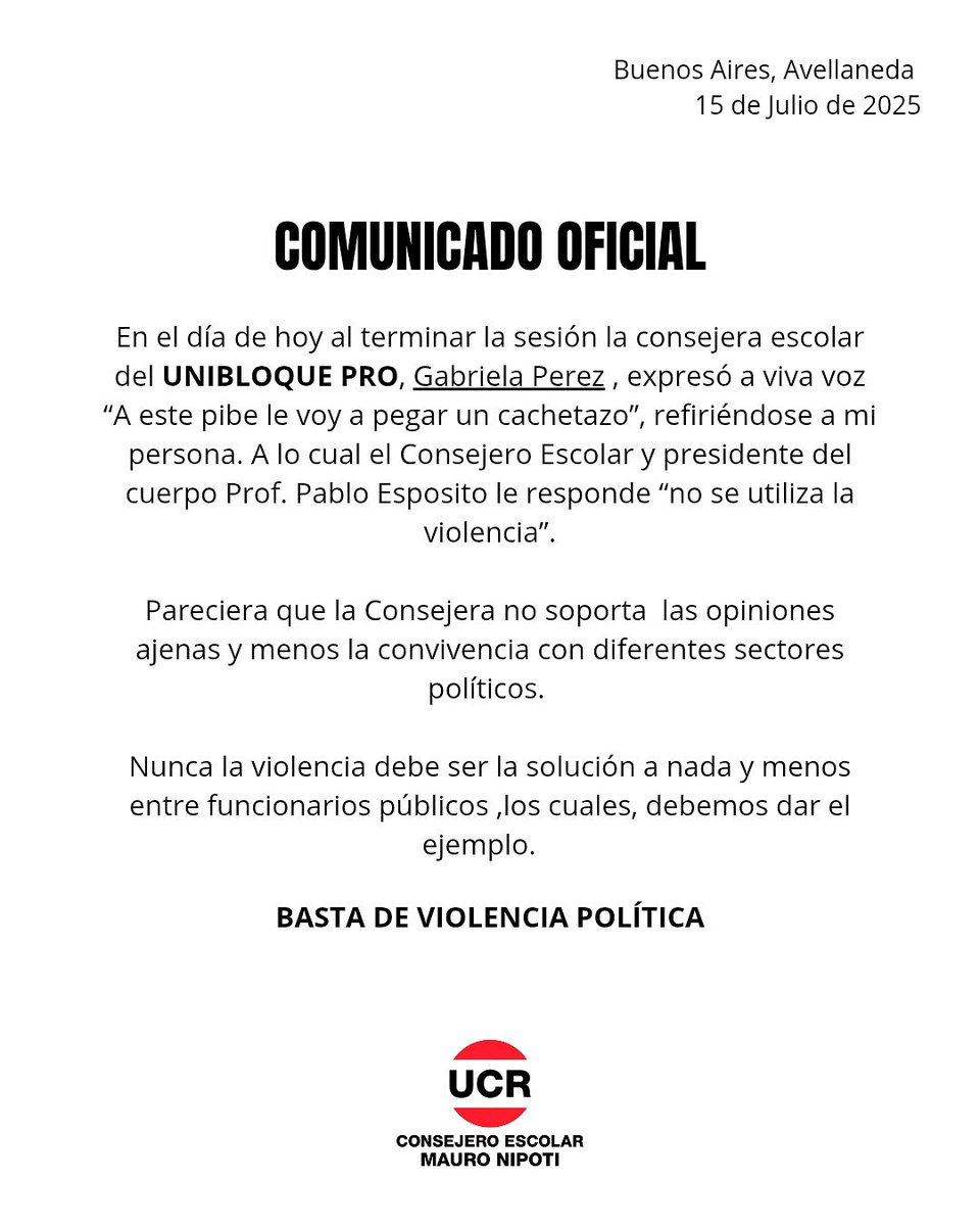 NipotiMauro's tweet image. Molesta la opinión ajena y más si es de un “pibito”. Pero bueno, la democracia es así.
BASTA DE VIOLENCIA