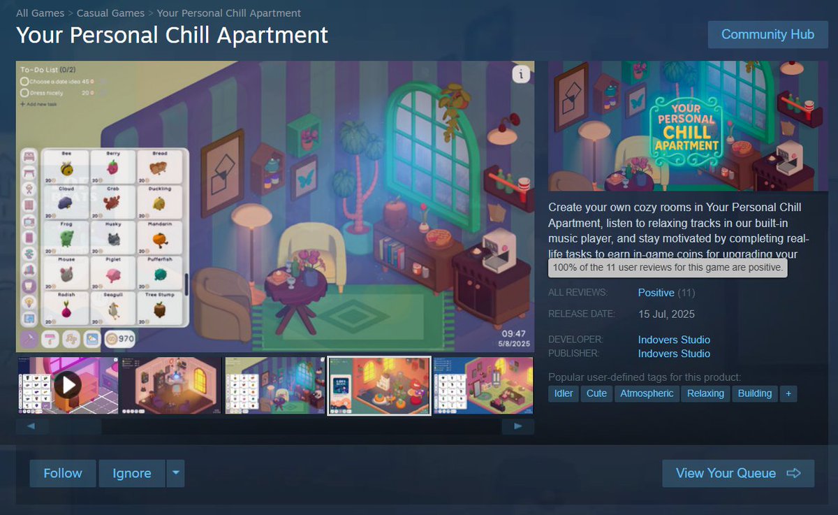 100% positive reviews 💕
Thank you all for your feedback!
I already prepared the first patch for the games that includes major fixes.

#indiegame #cozygames #chillgame
